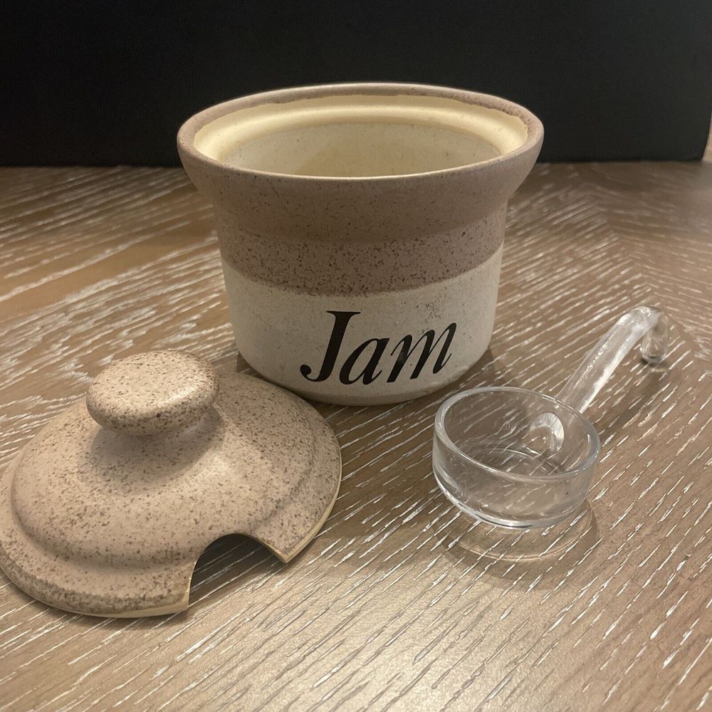 Pottery JAM Jar w/ GLASS SPOON  ~ John Hermansen England Stoneware  ~  Like  NEW - Picture 2 of 4